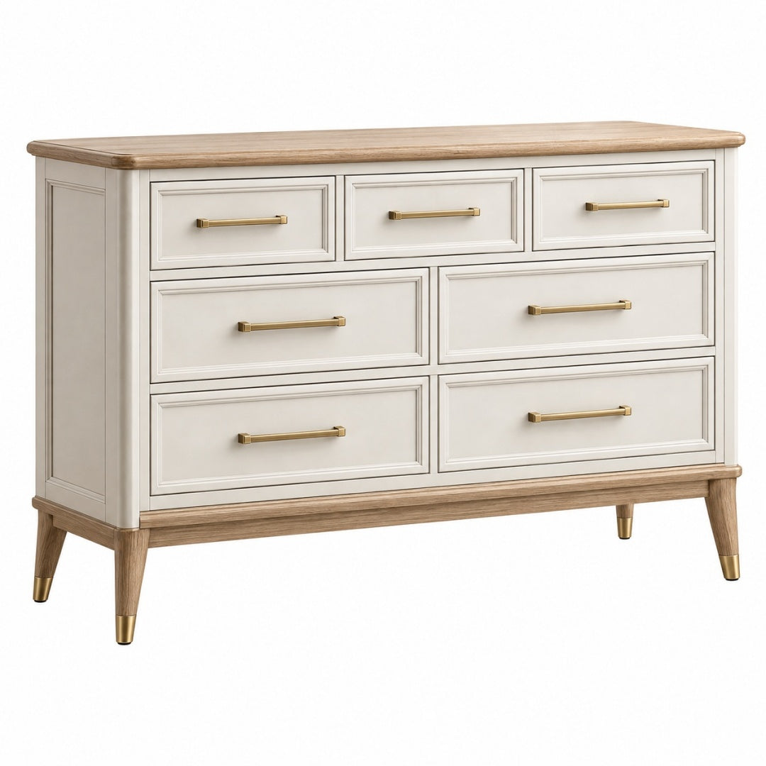 Komoda 150 x 45 x 85 cm z drewna i płyty meblowej kremowa z 7 szufladami w stylu klasycznym