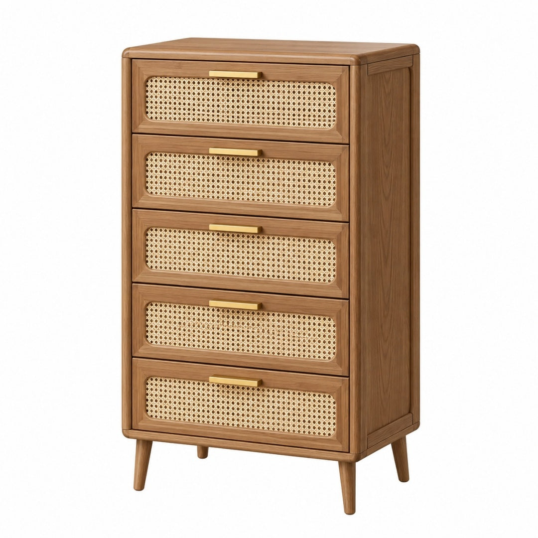 Komoda 80 x 40 x 120 cm drewniana brązowa z plecionką rattanową - pięć szuflad styl retro