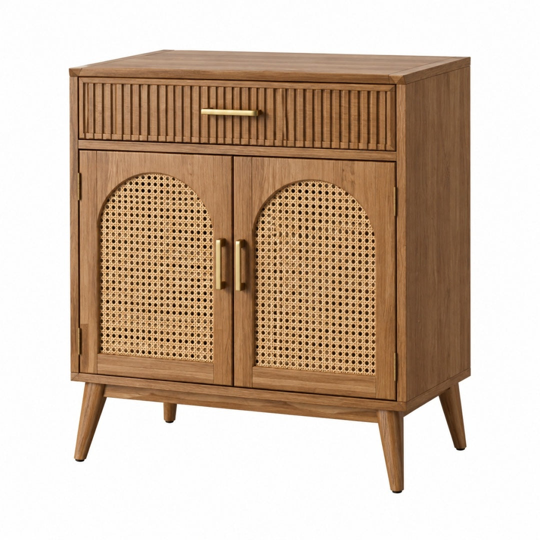 Komoda 80 cm z drewna brązowa z rattanowymi drzwiami - styl retro