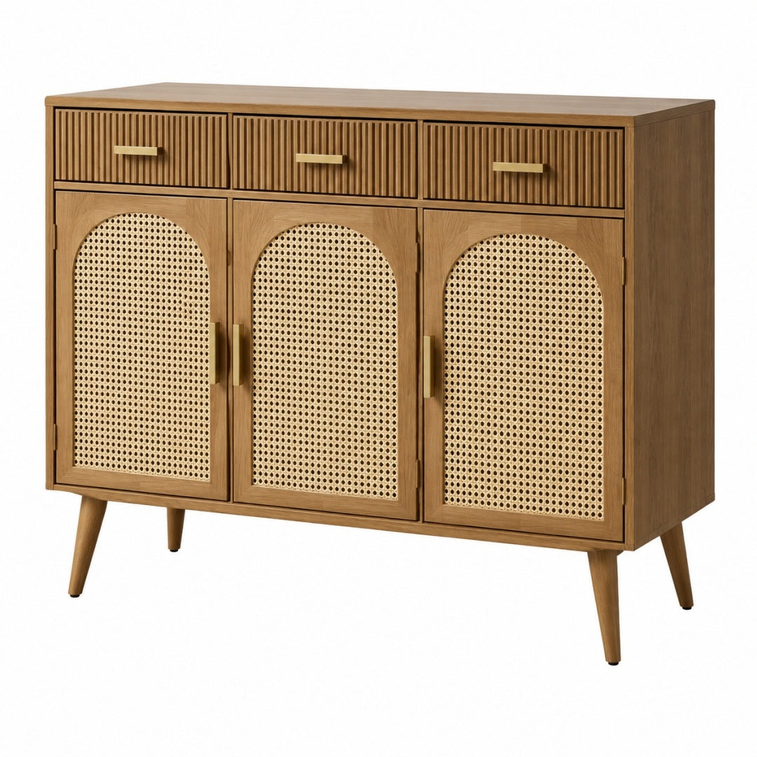 Komoda 120 cm z drewna brązowa do salonu z plecionką rattanową w stylu retro