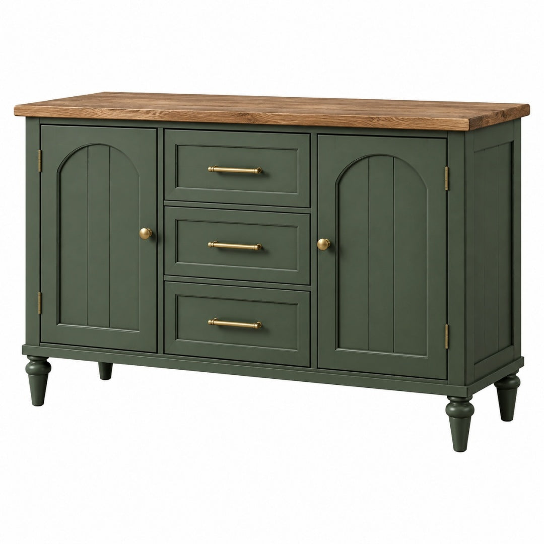 Komoda 160 x 45 x 90 cm z drewnianym blatem zielona - styl klasyczny z 3 szufladami