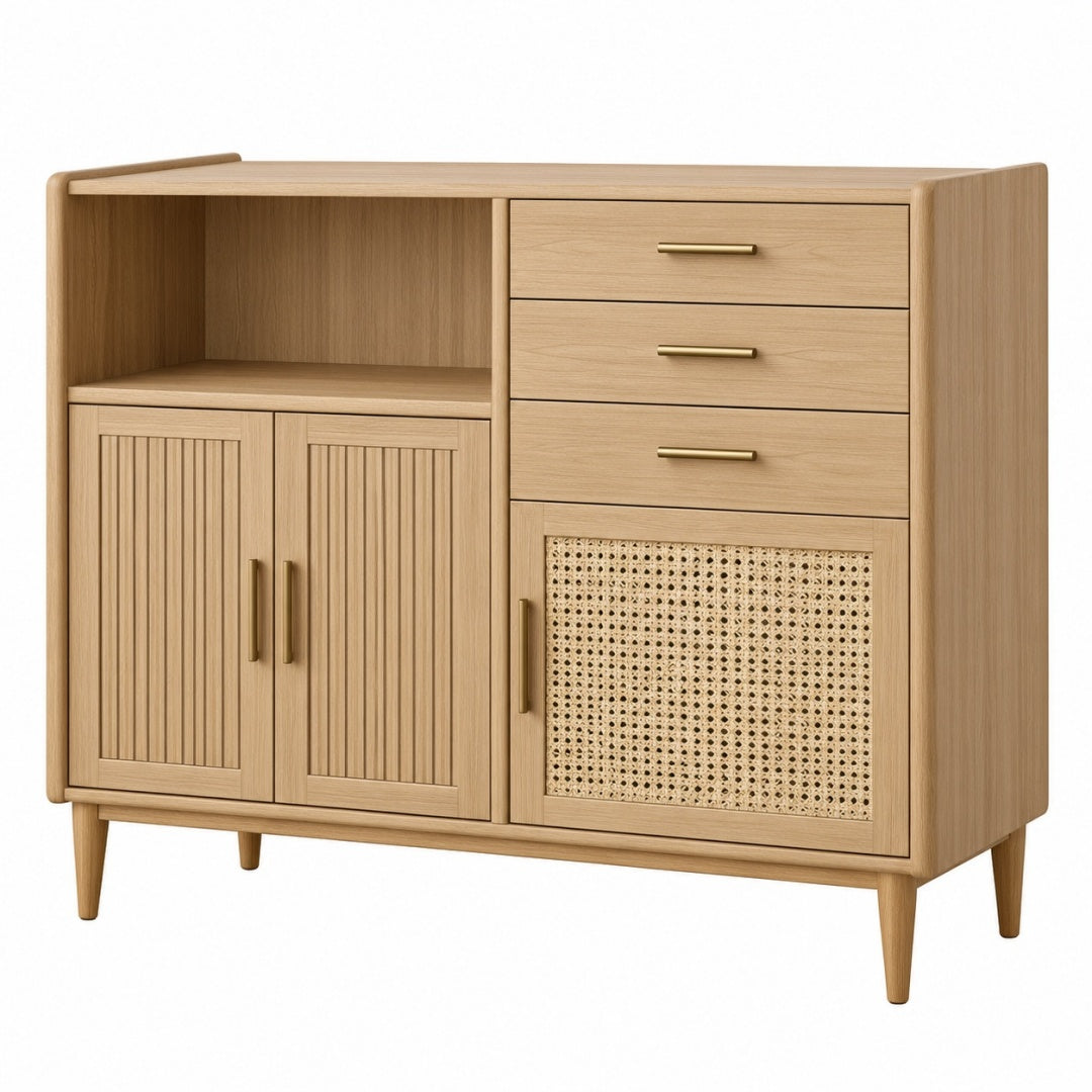 Komoda 120 x 40 x 100 cm drewniana jasnobrązowa z plecionym frontem do przechowywania w stylu retro