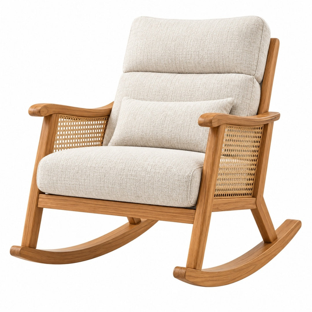 Fotel bujany 100 x 75 x 100 cm z drewna i plecionki rattanowej beżowy do salonu w stylu retro
