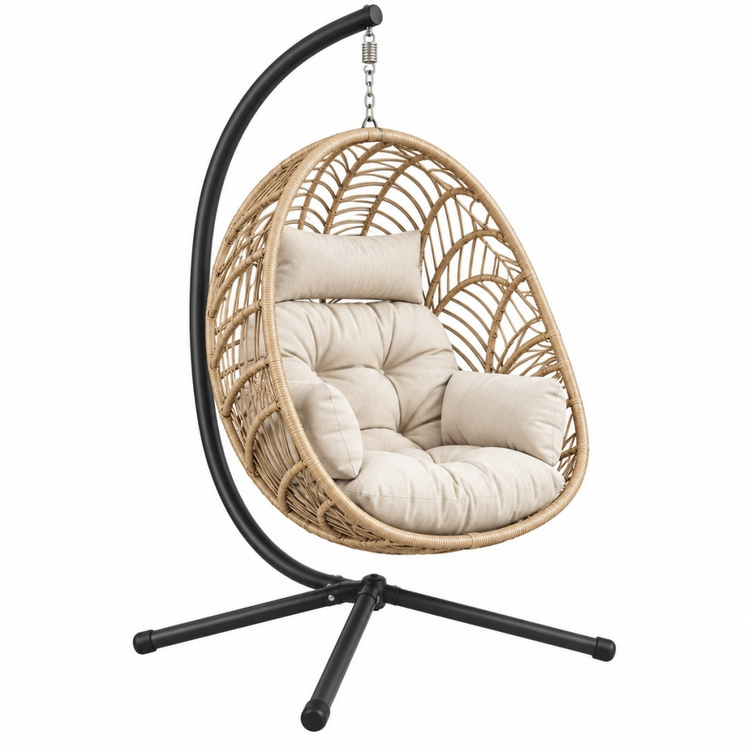 Fotel wiszący ogrodowy 105 x 105 x 195 cm z technorattanu beżowy na czarnym stelażu