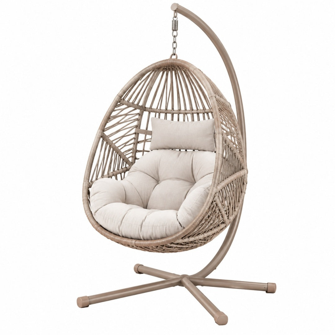 Fotel wiszący ogrodowy 105 x 105 x 195 cm z technorattanu beżowy ze stelażem metalowym